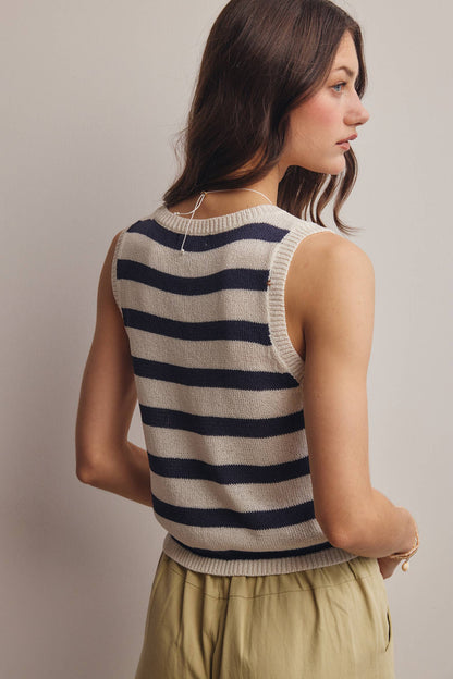 Navy Striped Button-Front Knit Vest Top