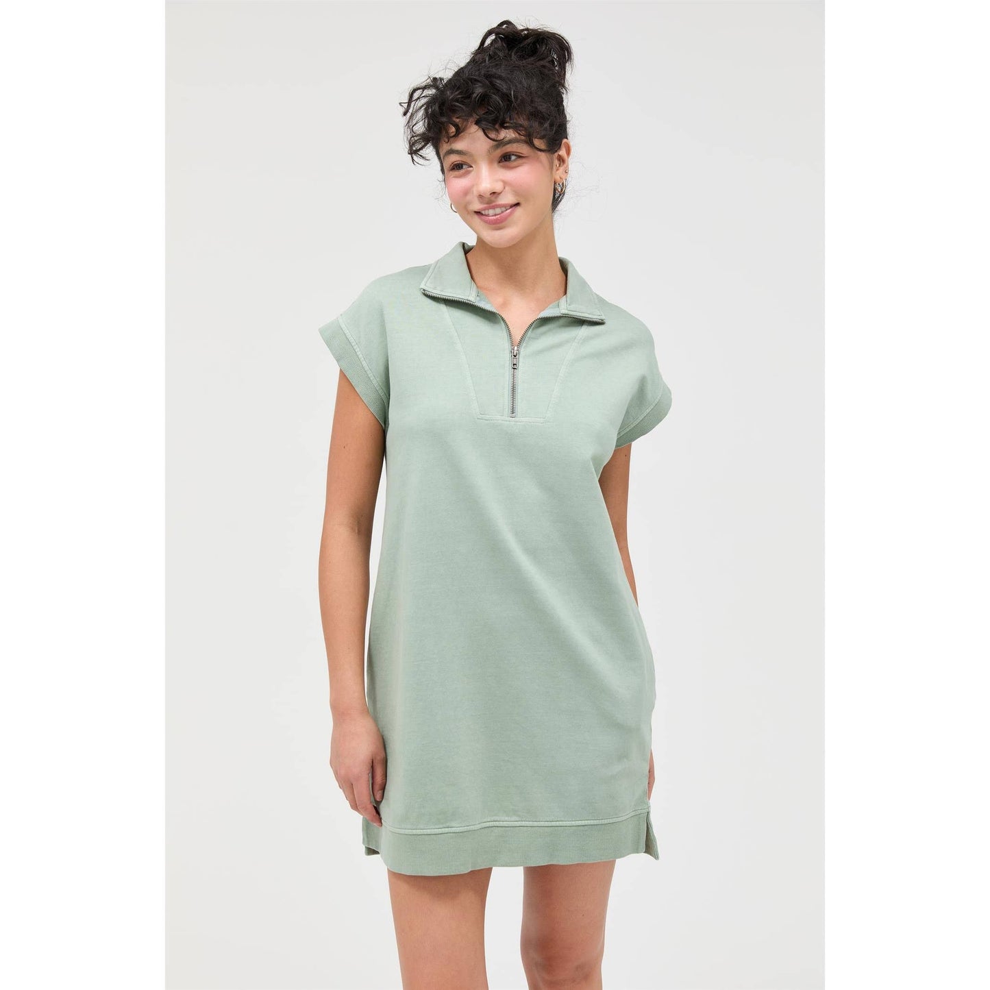 Half Zip Up Mock Neck Mini Dress: SAGE GREEN