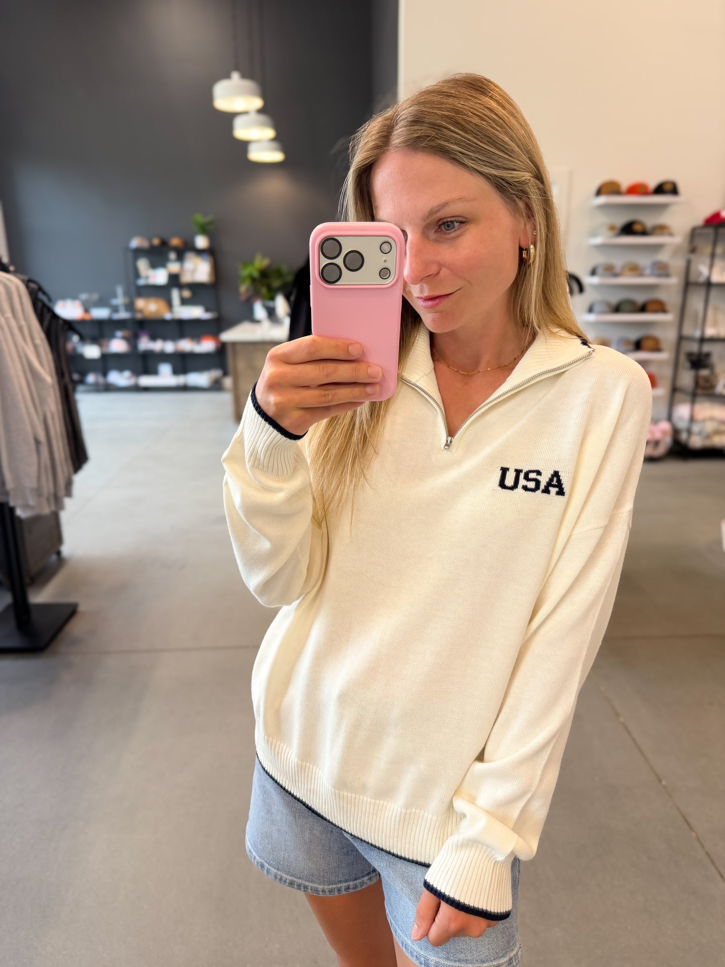 USA Flag Knit Quarter Zip Sweater