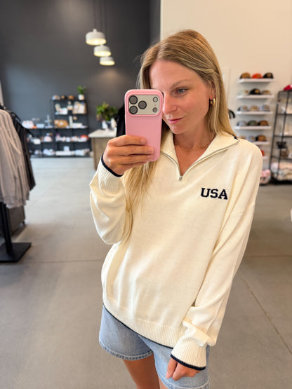 USA Flag Knit Quarter Zip Sweater