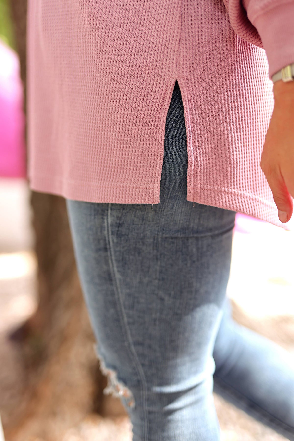 Dusty Rose Waffle Oversized Quarter-Zip Pullover