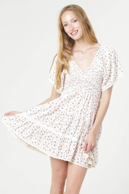 Floral V-Neck Smocked Lace Trim Dress