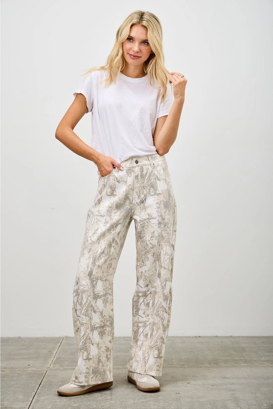 Mid Rise Camo Barrel Leg Jeans