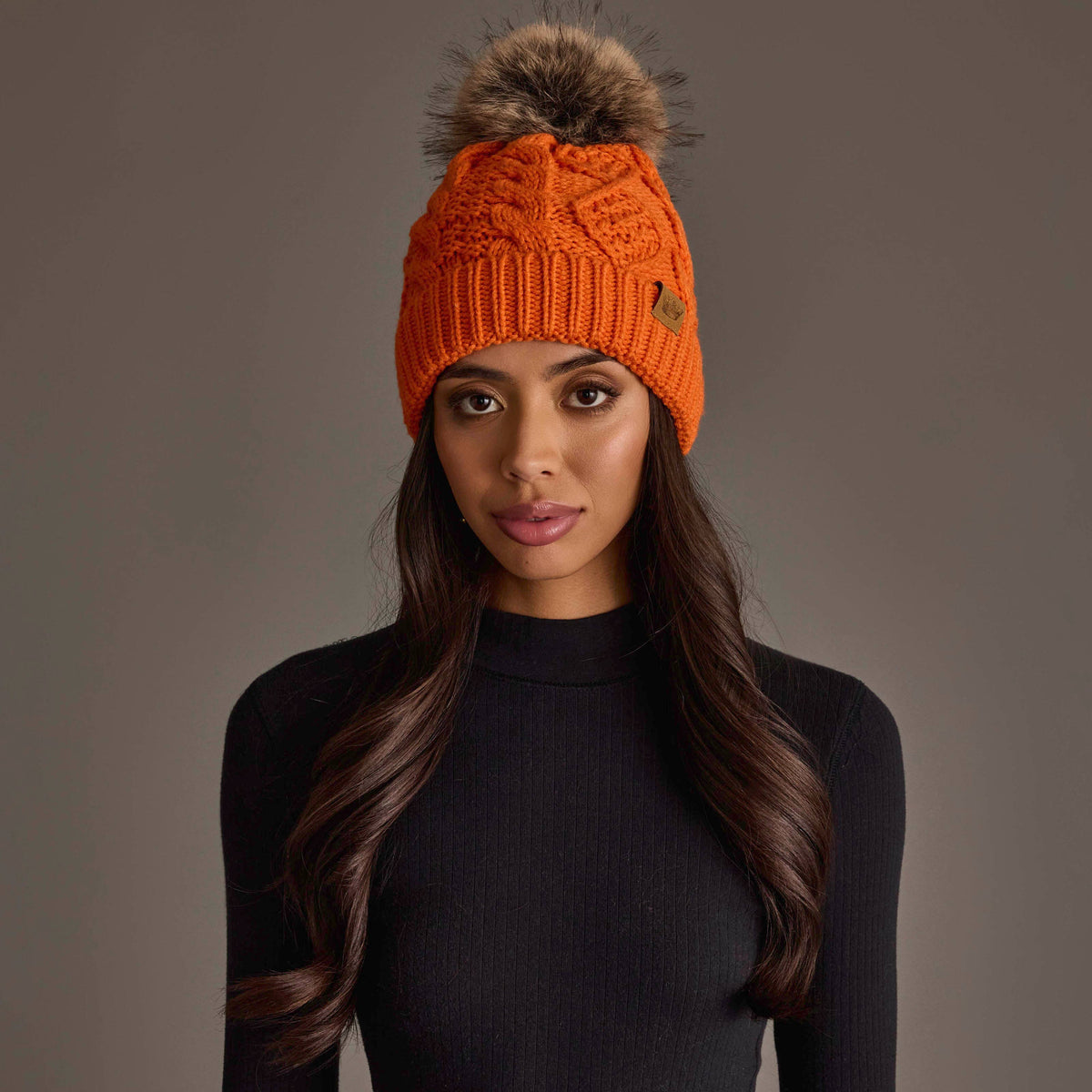 Orange Cable Knit Beanie Pom Hat