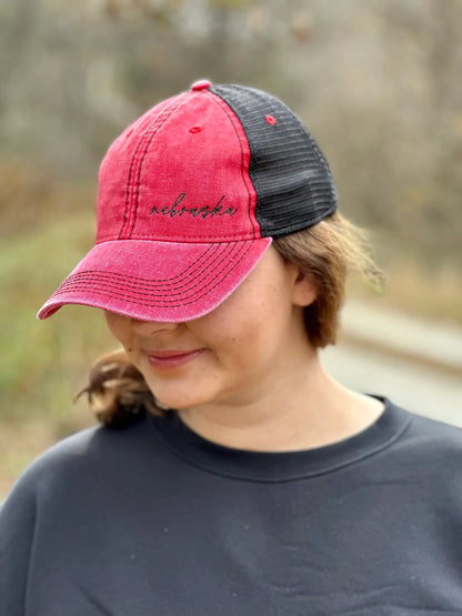 Nebraska Script Hat Embroidered with Metallic Thread