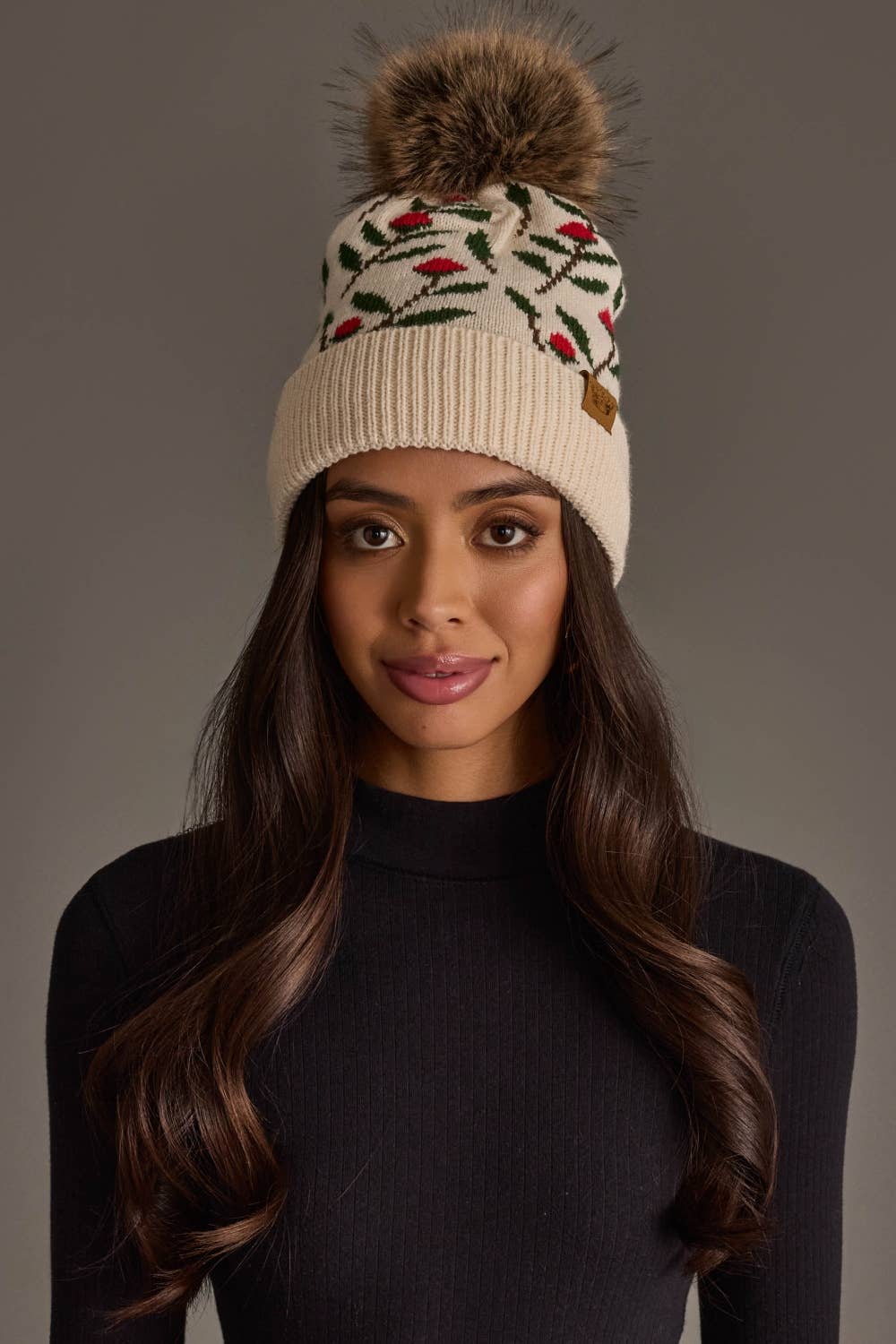 Holly Pattern Knit Beanie Pom Hat