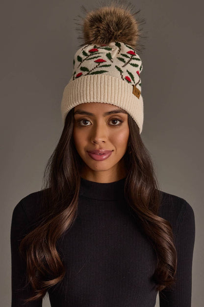Holly Pattern Knit Beanie Pom Hat