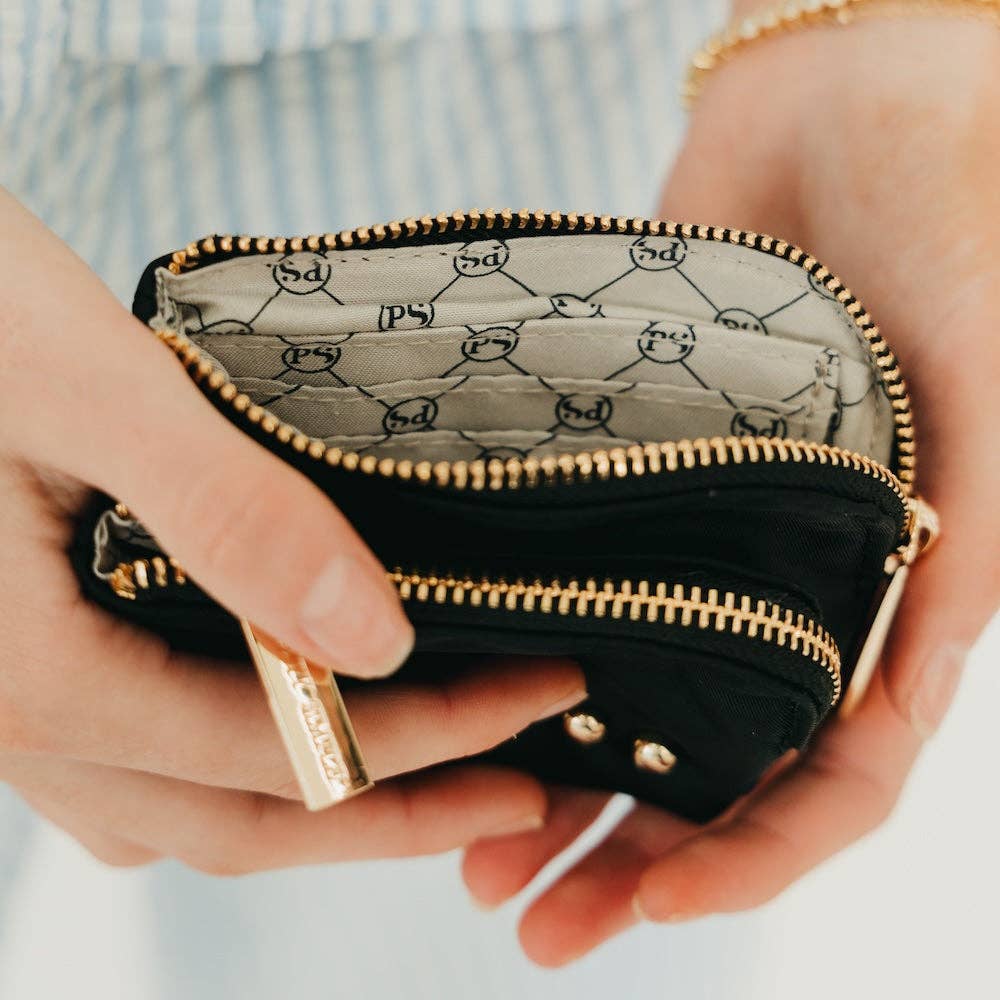 Nylon Double Zip Card Wallet: Black
