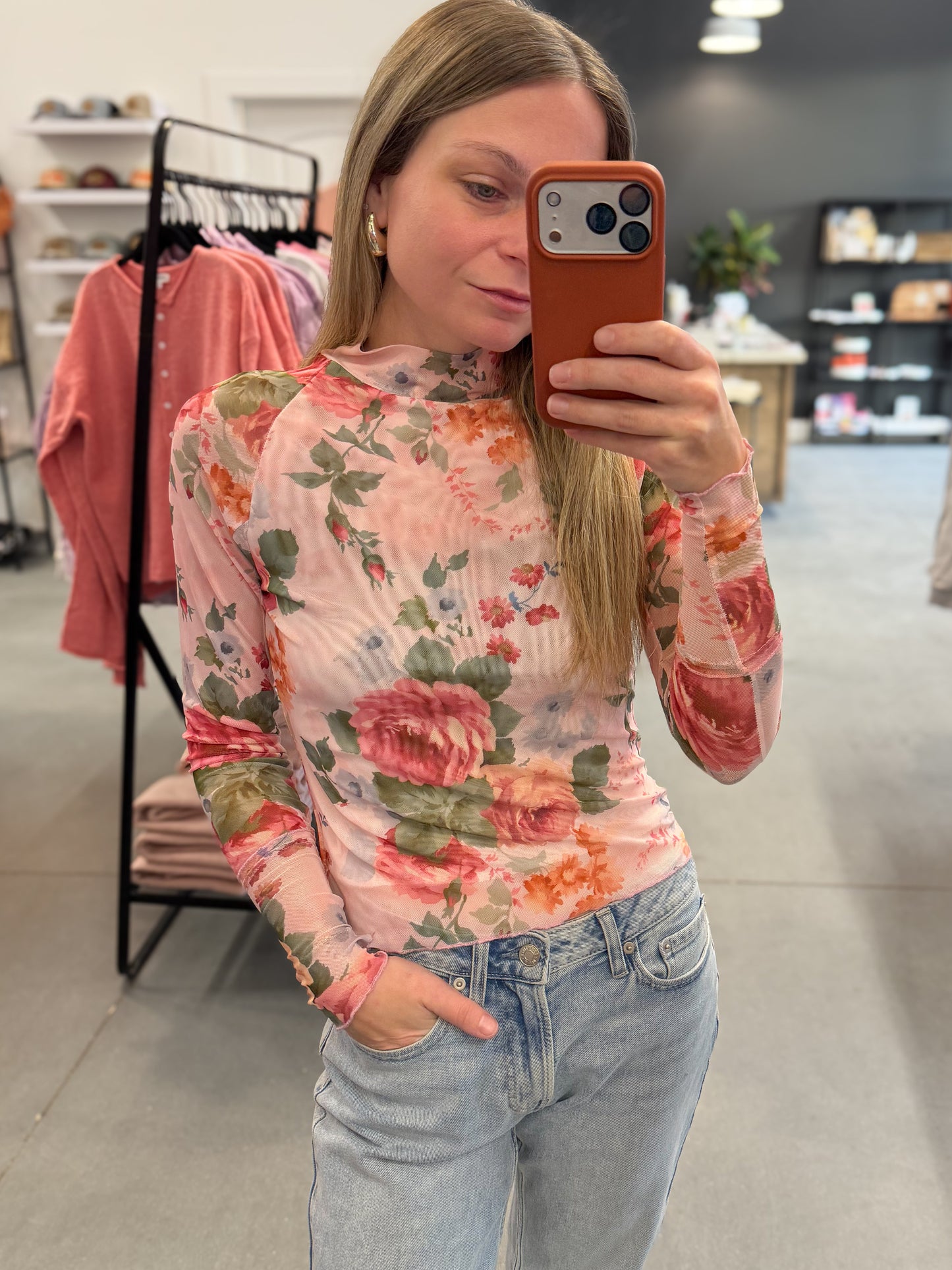 Pink & Green Floral Mesh Top