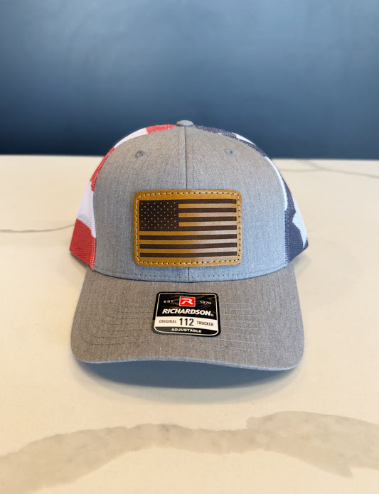 American Flag Leather Patch Trucker Hat: RWB