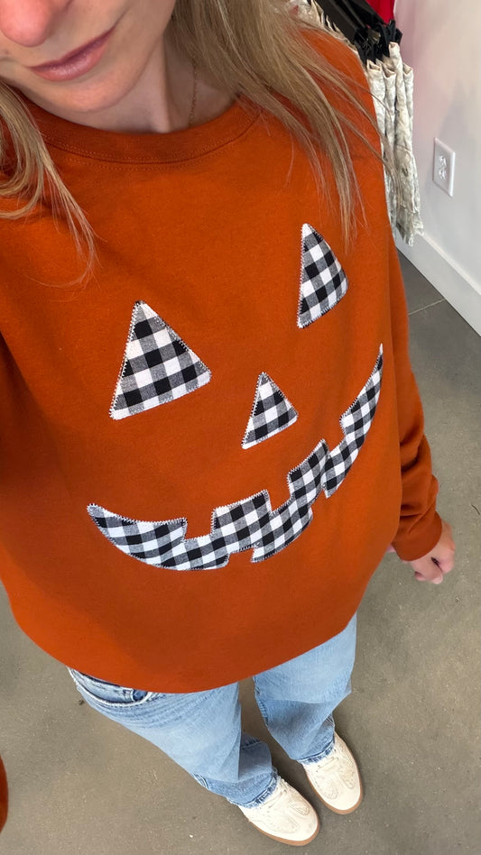 Gingham Jack O'Lantern Applique Embroidered Sweatshirt