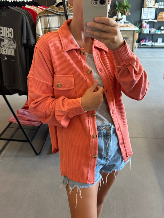 Red Garment Washed Waffle Knit Shirt Jacket