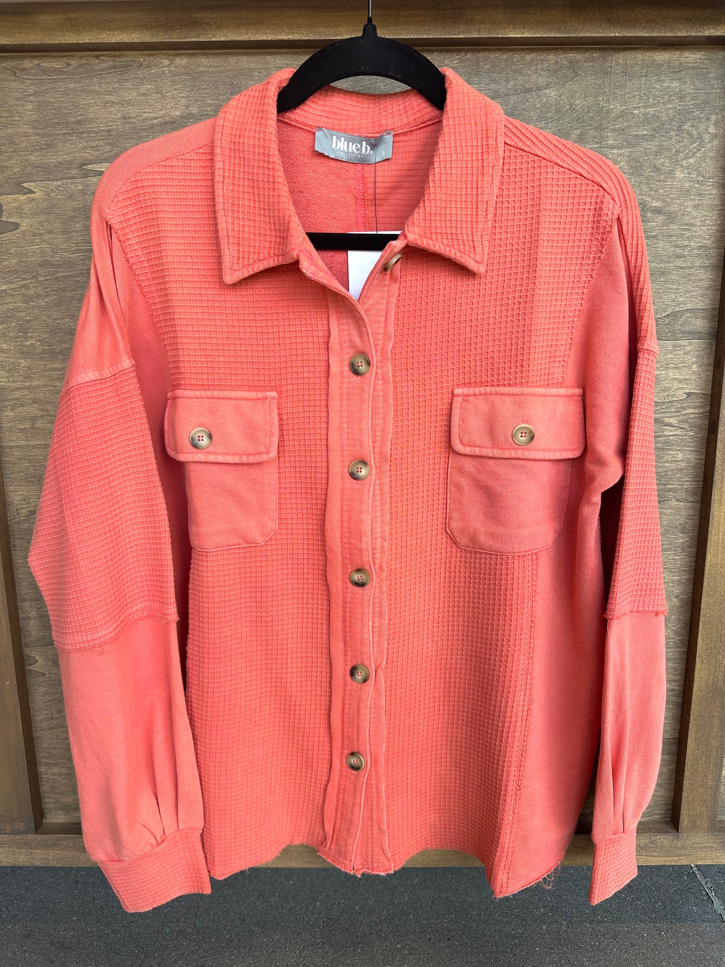 Red Garment Washed Waffle Knit Shirt Jacket