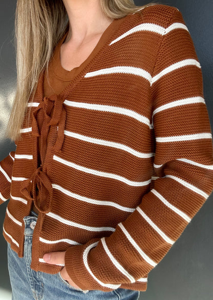 Tie Front Striped Knit Cardigan Sweater