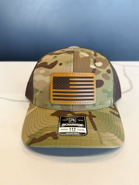 Camo American Flag Leather Patch Trucker Hat