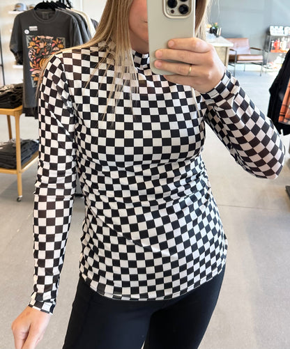 Checkered Mesh Long Sleeve Top