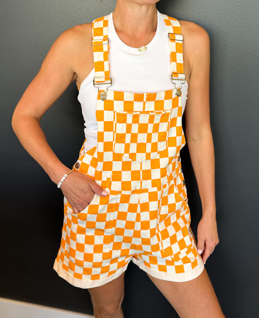 Orange Checkered Romper Bib Overalls