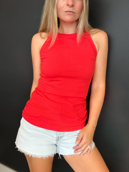 Red Rib Knit Round Neck Tank Top