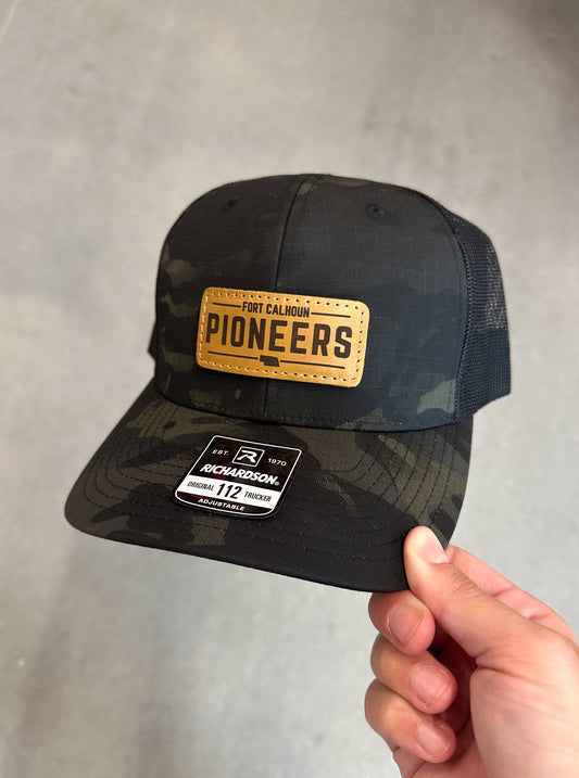 Black Camo Pioneers Leather Patch Trucker Hat