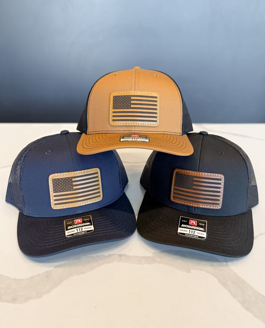 American Flag Leather Patch Trucker Hat
