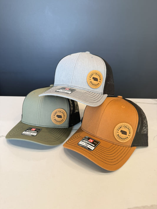 Fort Calhoun, Nebraska Coordinates Leather Patch Trucker Hat