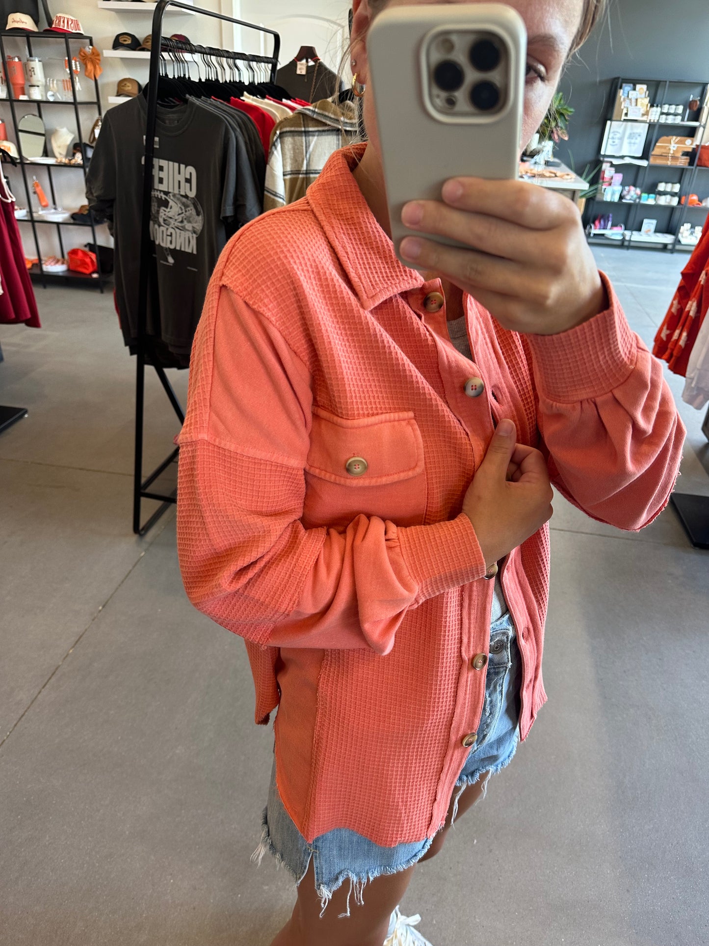 Red Garment Washed Waffle Knit Shirt Jacket