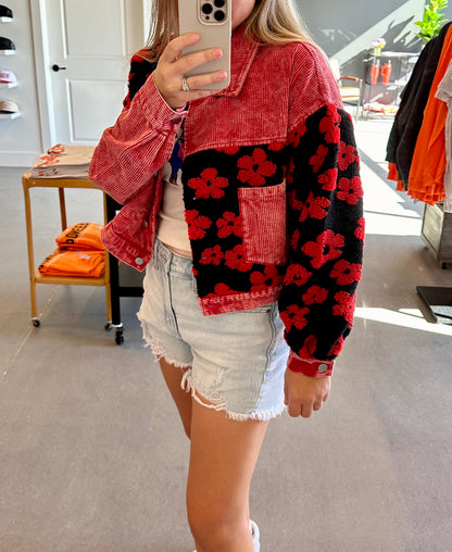 Corduroy Fleece Red Black Floral Cropped Jacket