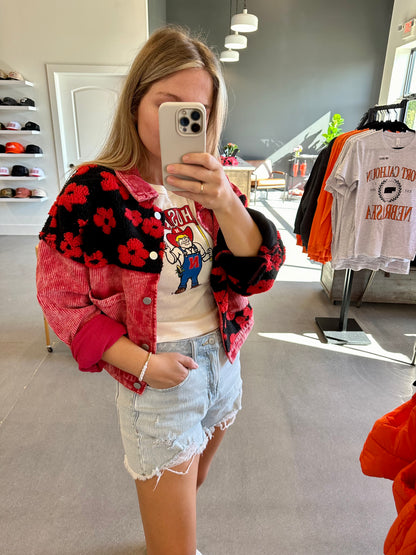 Corduroy Fleece Red Black Floral Cropped Jacket