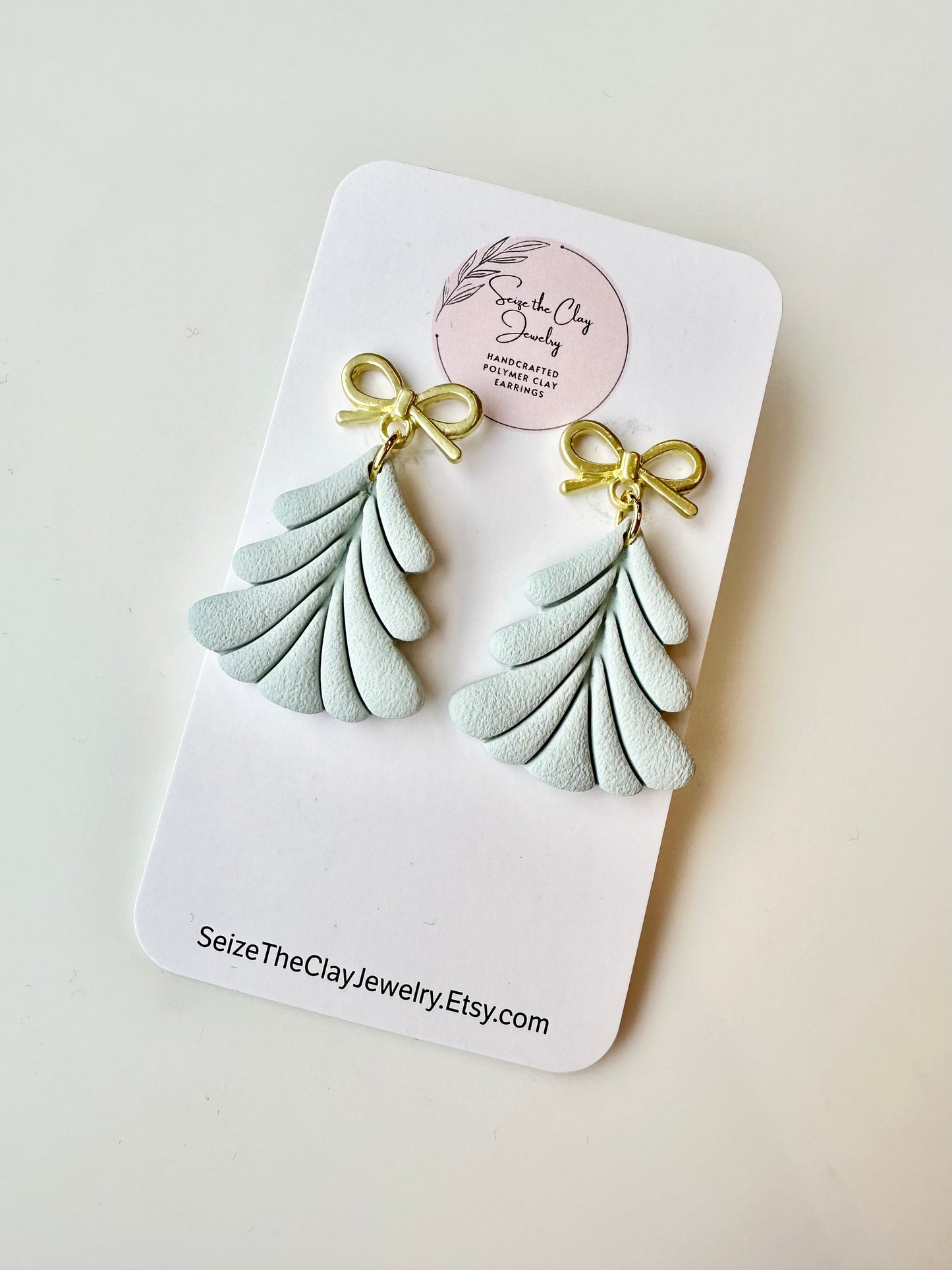 Green Christmas Tree Bow Clay Earrings