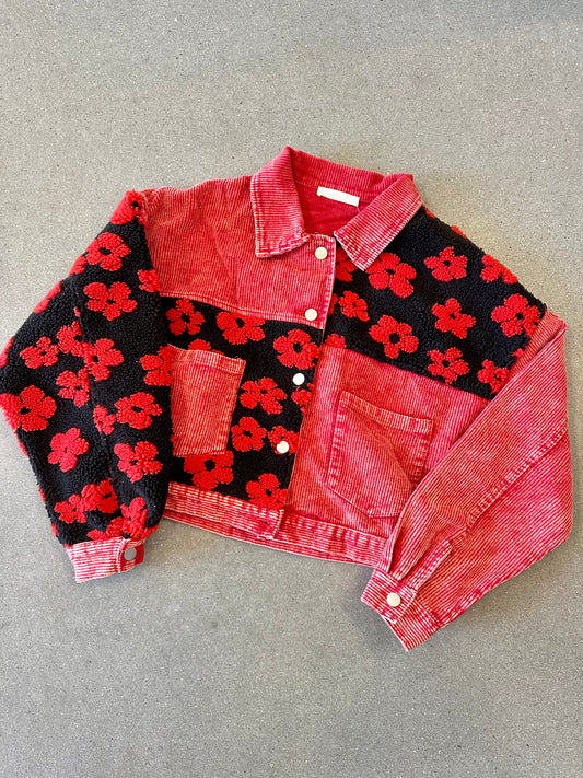 Corduroy Fleece Red Black Floral Cropped Jacket