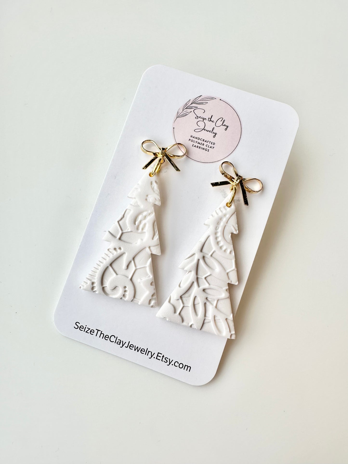 White Christmas Tree Bow Clay Earrings