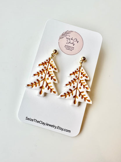 White & Gold Christmas Tree Clay Earrings