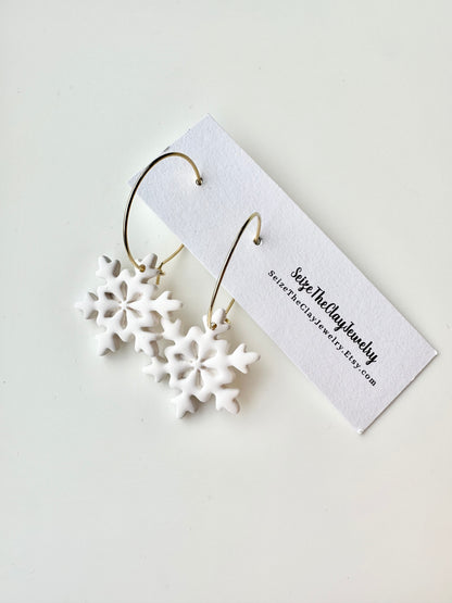 Snowflake Hoop Clay Earrings