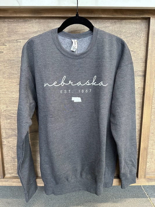 Nebraska Script Grey Crewneck Sweatshirt