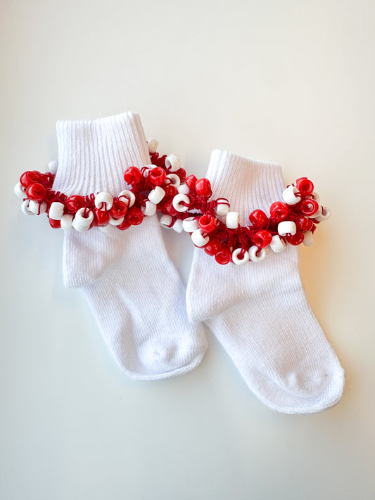 Beaded Toddler/Youth Socks - Red and White