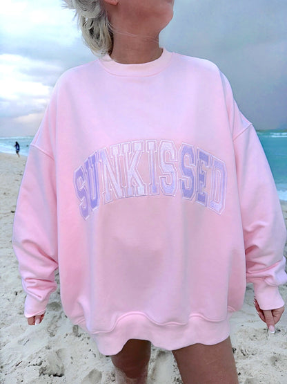 Sunkissed Coconut Light Pink Varsity Embroidered Sweatshirt