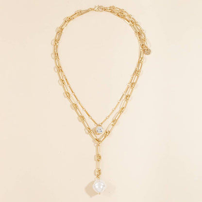 Crystal And Pearl Layered Paperclip Necklace