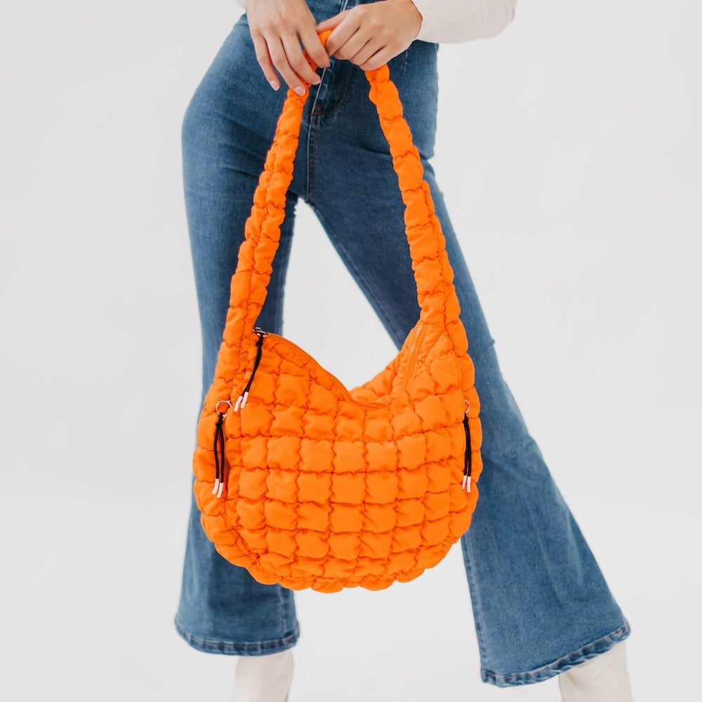 Orange Quilted Hobo Tote Bag