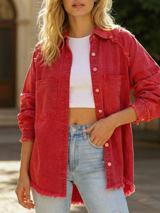 Red Oversized Raw Edge Denim Jacket
