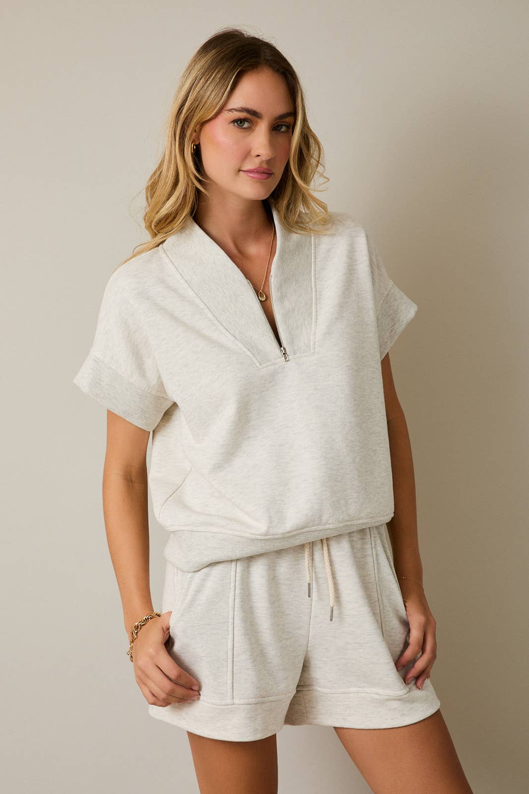 Short Sleeve Zip Up V-Neck