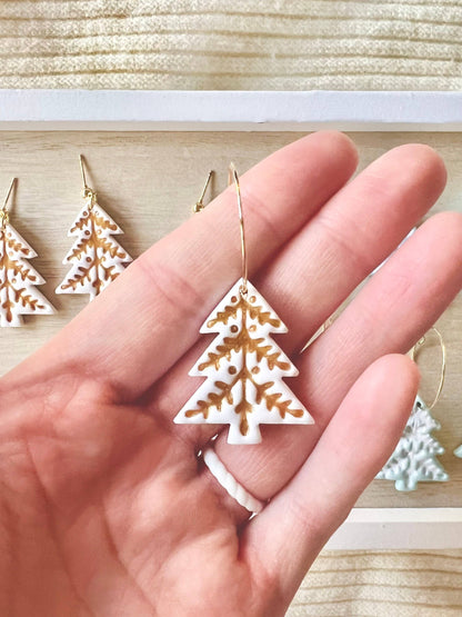 White & Gold Christmas Tree Clay Earrings