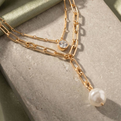 Crystal And Pearl Layered Paperclip Necklace