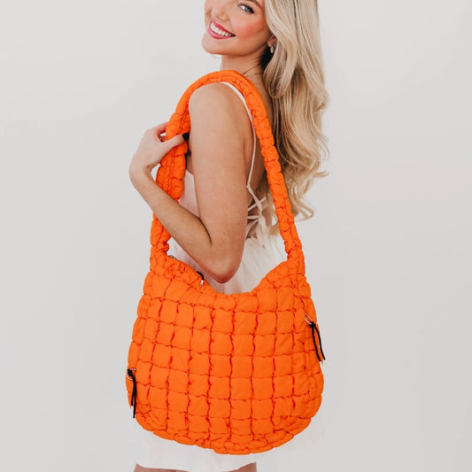 Orange Quilted Hobo Tote Bag