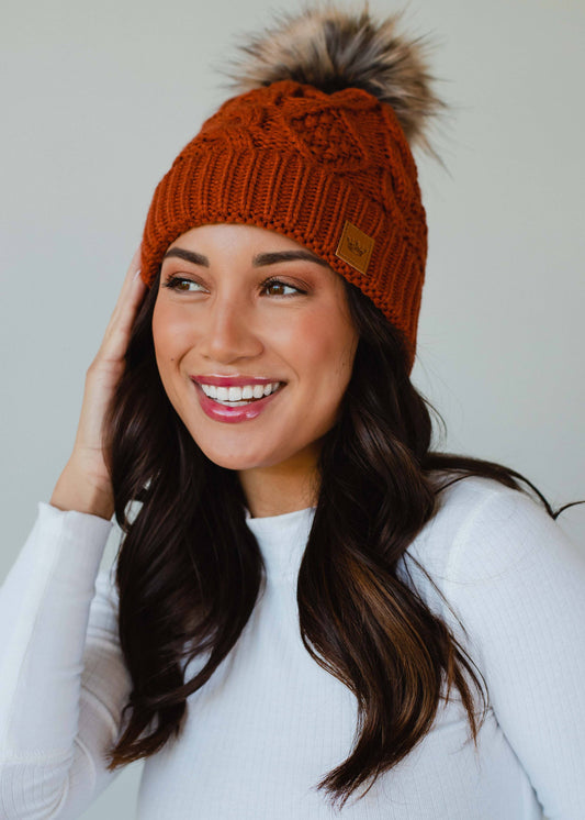 Rust Cable Knit Beanie Pom Hat