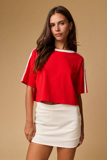Red Cropped Tee with Stripe Trim