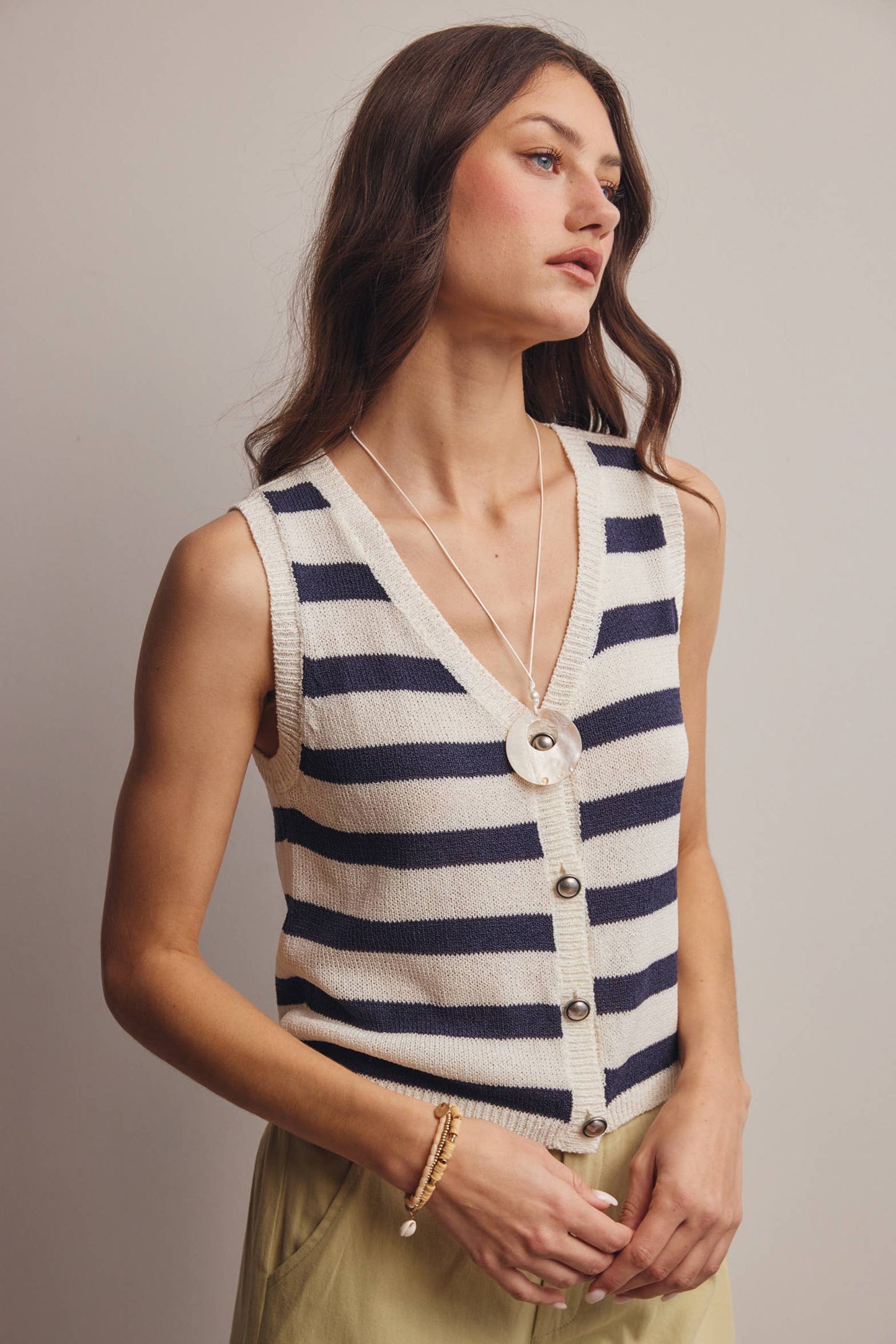 Navy Striped Button-Front Knit Vest Top