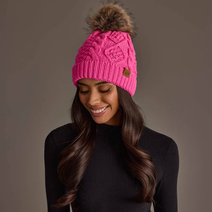 Bright Pink Cable Knit Beanie Pom Hat