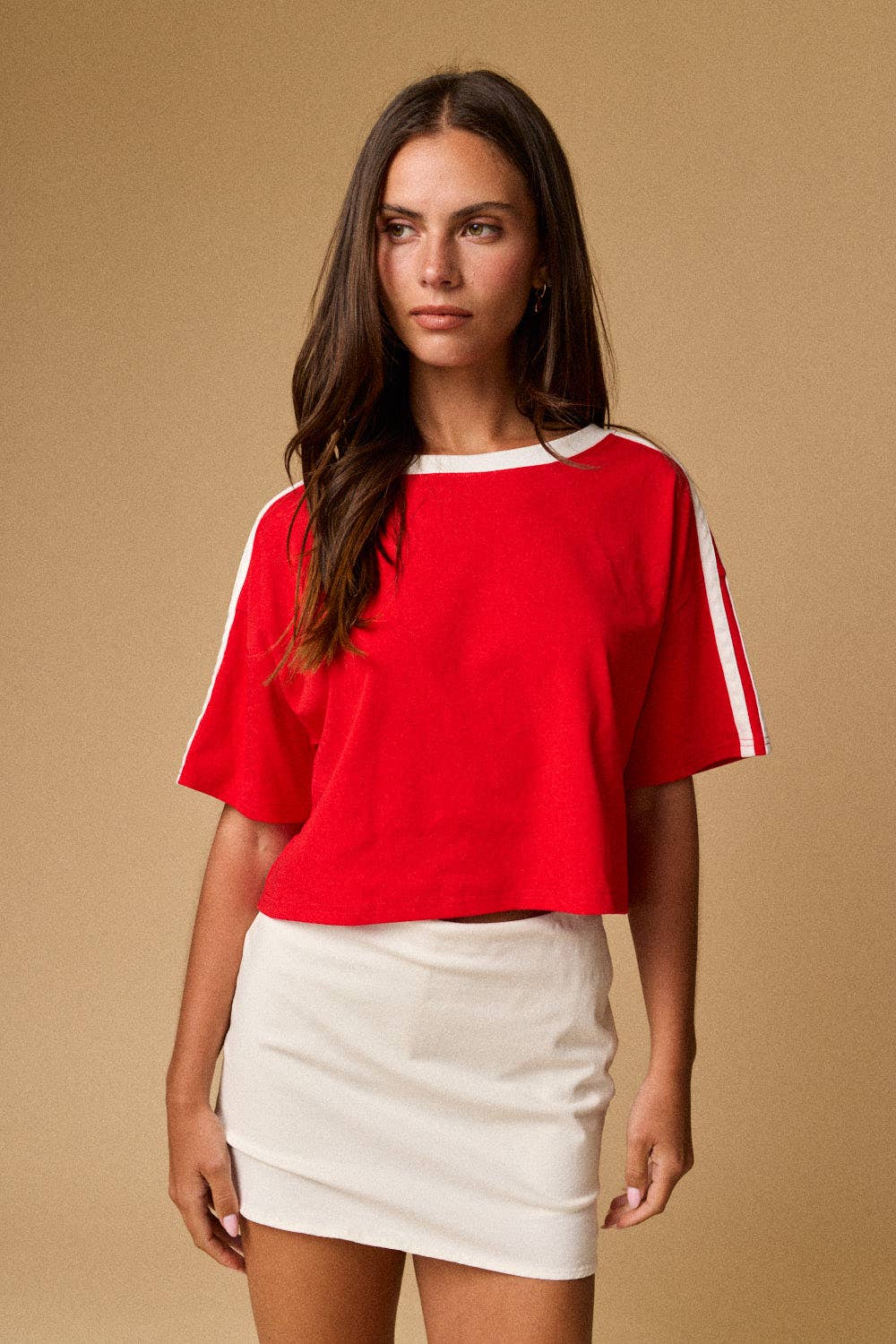 Red Cropped Tee with Stripe Trim