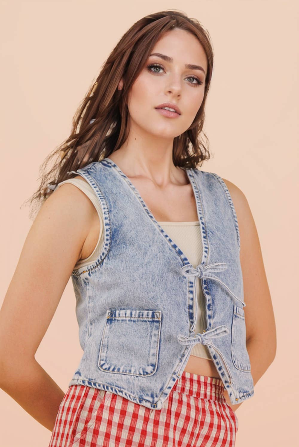 Washed Denim Front Tie Vest