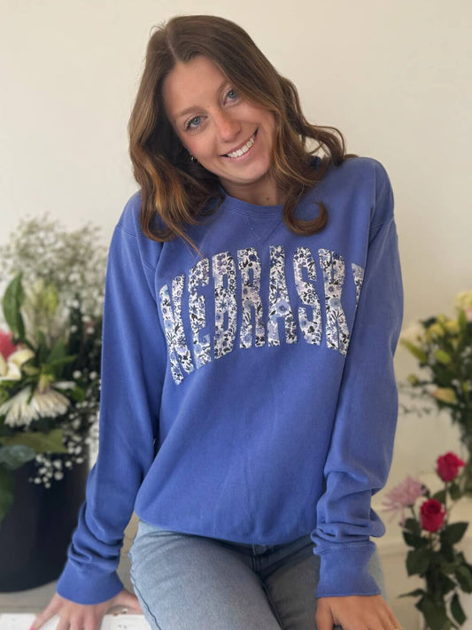 Blue Floral Applique Nebraska Sweatshirt